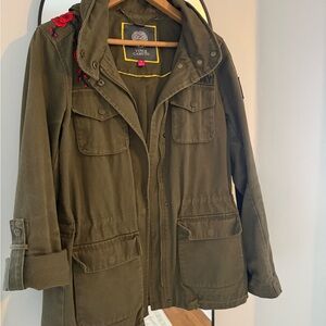 Olive Green Military Jacket with Red Embroidery